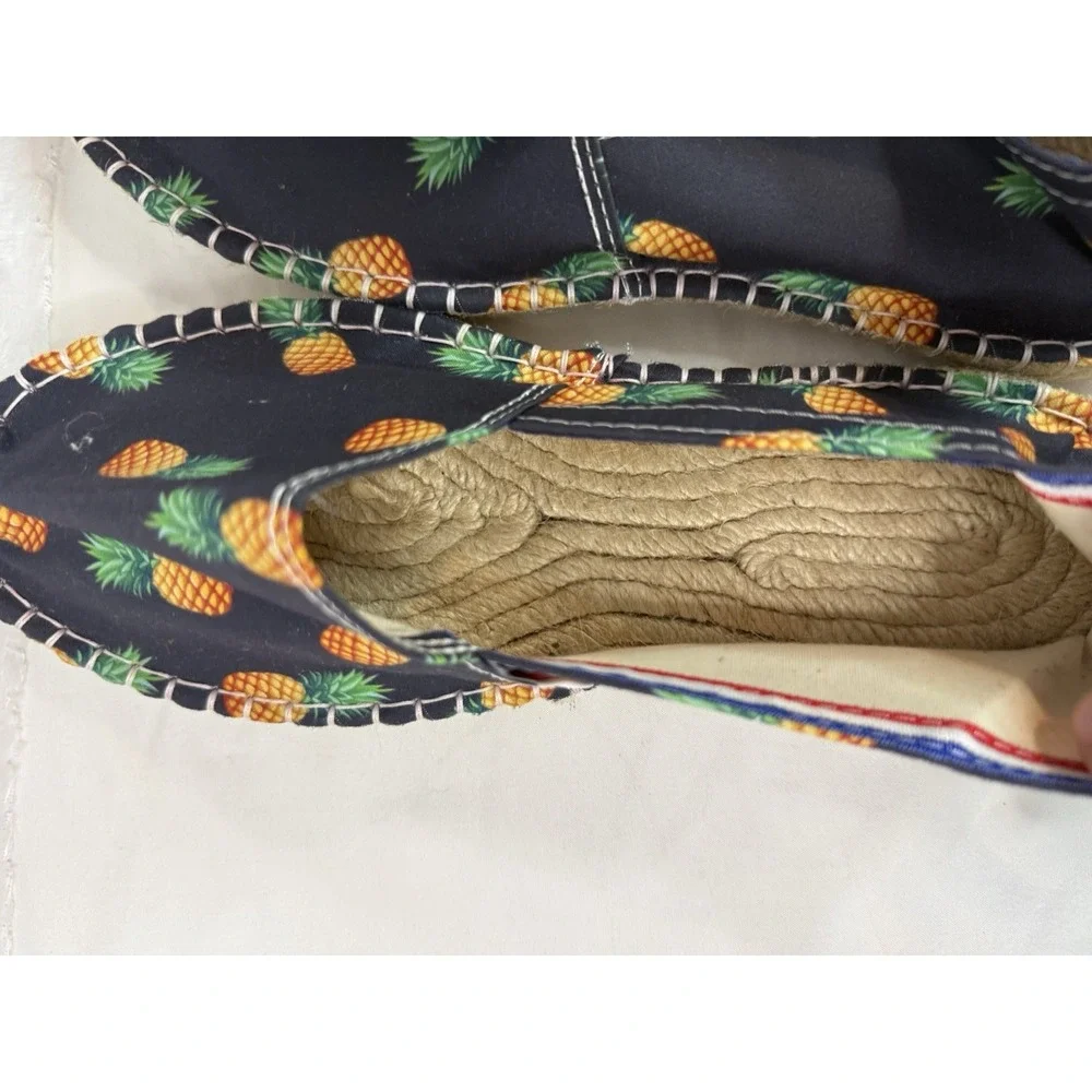 Women's Pineapple Print Espadrille Flats Sz 40 Navy Tropical Summer Beach French